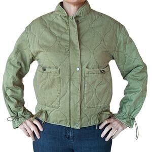 Joie Olive Green Quilted Jacket Stand Collar Drawstring Waist Size S